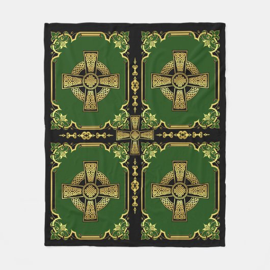 Iers Keltisch kruis/zwart/goud/groen kruisontwerp Fleece Deken (Voorkant)