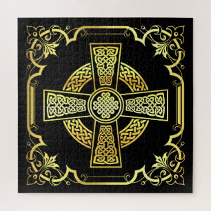 Iers Keltisch kruis/zwart/goud/zwart fancy ontwerp Legpuzzel