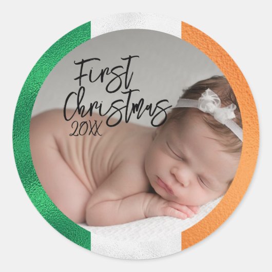 Iers kind eerste kerstfeest ronde sticker (Voorkant)