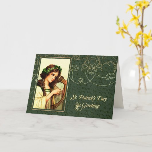  Iers meisje met Harp St. Patrick's Day Kaart (Gele Bloem)