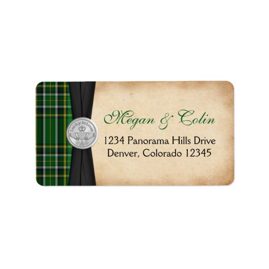 Iers Tartan Claddagh Bruiloft Retouradres Label (Voorkant)
