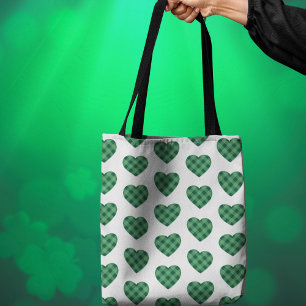 Iers-thema met groen tartan hartpatroon tote bag