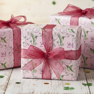 Ierse 21e verjaardag Groen en Roze Kolibries Cadeaupapier