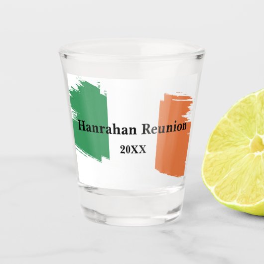 Ierse achternaam Custom Flag Kleuren Reunion Shot Glas (Voorkant)