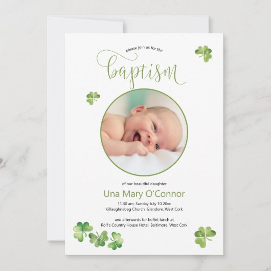 Ierse Baby foto doop met groene shamrocks Bedankkaart (Voorkant)