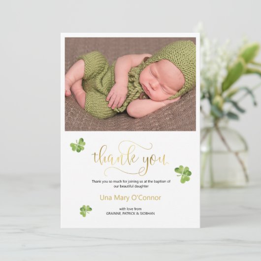 Ierse baby Shamrock Hartelijk dank voor uw baptism Bedankkaart (Staand voorkant)