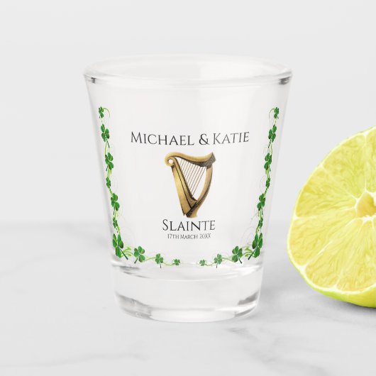 Ierse bruiloft Harp & Shamrock Shot Glas (Voorkant)
