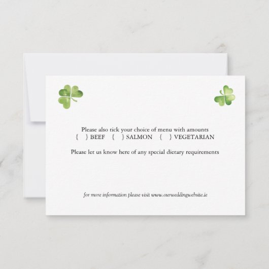 Ierse bruiloft met groene shamrock encloskaart RSVP kaartje (Achterkant)