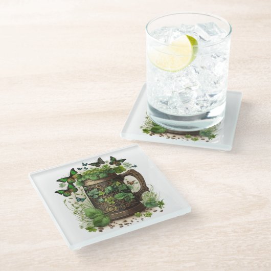 IERSE CELTISCHE MOK VAN GROENE SHAMROCKS EN BUTTER GLAZEN ONDERZETTER (Schuin)