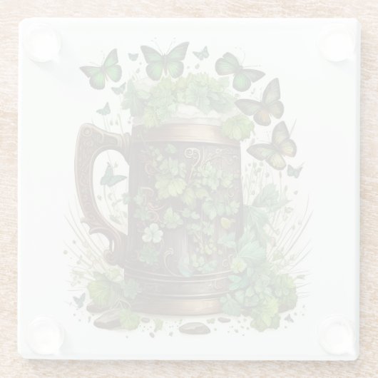 IERSE CELTISCHE MOK VAN GROENE SHAMROCKS EN BUTTER GLAZEN ONDERZETTER (Achterkant)