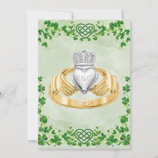 Ierse Claddagh Ring Shamrocks & Keltische Liefdesk Kaart (Achterkant)