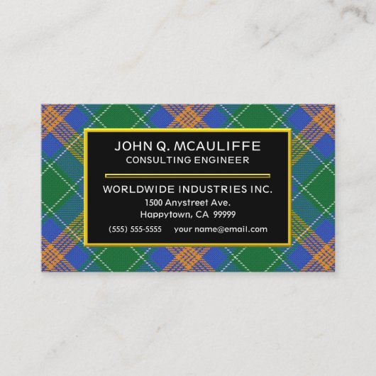 Ierse Clan MacAuliffe Tartan Plaid Visitekaartje (Voorkant)