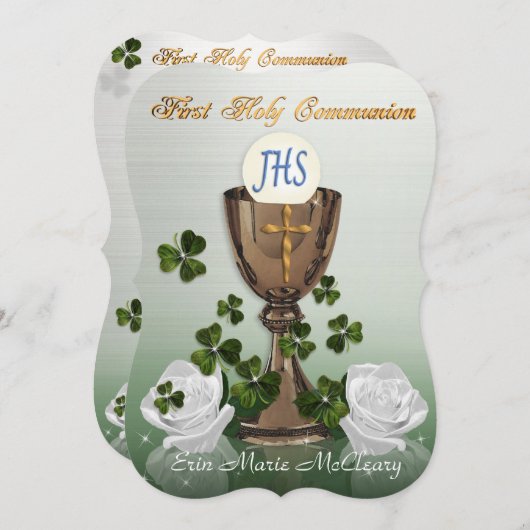 Ierse Eerste Communie uitnodiging met shamrocks (Voorkant / Achterkant)