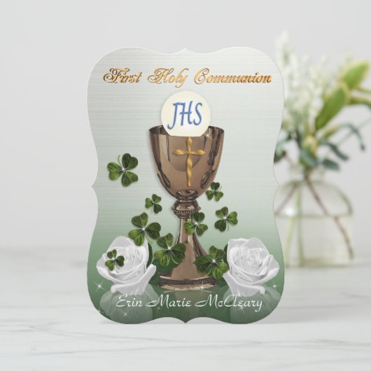 Ierse Eerste Communie uitnodiging met shamrocks (Staand voorkant)
