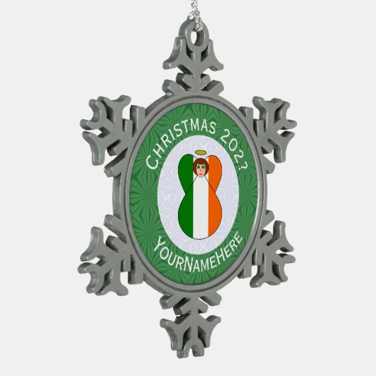 Ierse engel kerstvlag gepersonaliseerd tin sneeuwvlok ornament (Links)