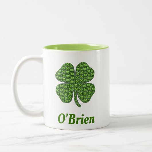 Ierse familienaam Vier Leaf Clover Shamrock Tweekleurige Koffiemok (Links)
