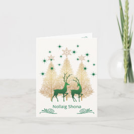 Ierse Gaelic Christmas groen & gouden boom, rendie Kaart