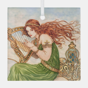 Ierse Godin die Harp Speelt – Keltische Art Nouvea Glas Ornament