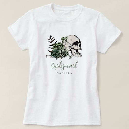 Ierse gotische groene schedel & rozen bruidsmeisje t-shirt (Design voorkant)