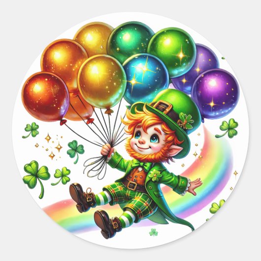 Ierse Groene Leprechaun Ballonnen Illustratie Ronde Sticker (Voorkant)