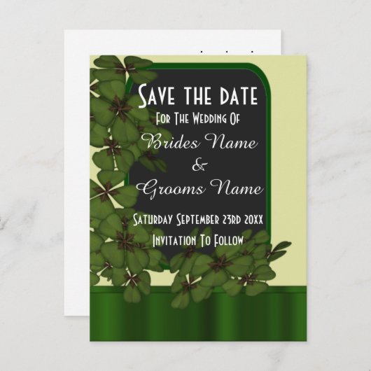 Ierse groene shamrock save the date aankondigingskaart (Voorkant / Achterkant)