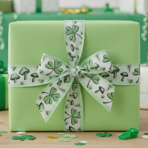 Ierse Groene Shamrocks Harten en Paddenstoelen 3"  Grosgrain Lint