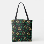 Ierse Harp en Shamrock Patroon Zwart Tote Bag (Achterkant)