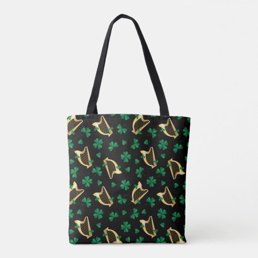 Ierse Harp en Shamrock Patroon Zwart Tote Bag (Achterkant)