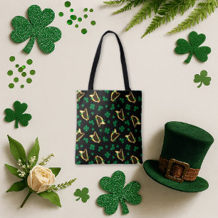 Ierse Harp en Shamrock Patroon Zwart Tote Bag