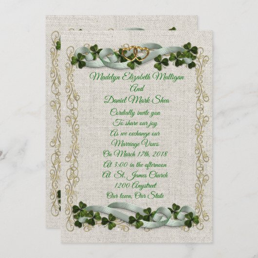 Ierse huwelijksuitnodiging Shamrocks en linten Kaart (Voorkant / Achterkant)
