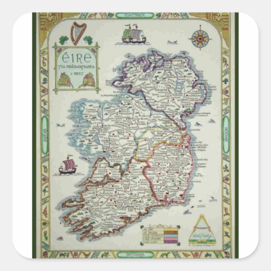 Ierse kaart - Irish Eire Erin Historic Map Vierkante Sticker (Voorkant)