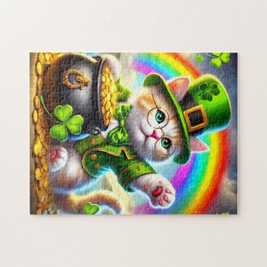 Ierse kat met pot met goud en regenboogpuzzel legpuzzel (Horizontaal)