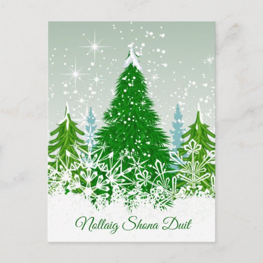 Ierse kerst, besneeuwde groene spar bomen feestdagenkaart (Voorkant)