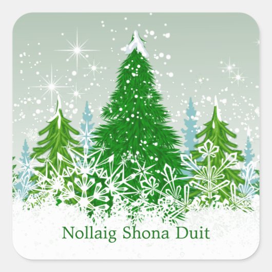 Ierse kerst, besneeuwde groene spar bomen vierkante sticker (Voorkant)