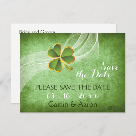 Ierse klaver en sluier groene bruiloft Save the Da Aankondigingskaart (Voorkant / Achterkant)
