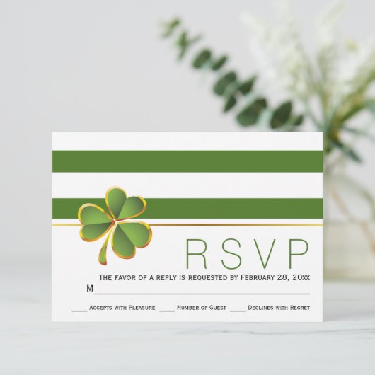 Ierse klaver groen, witte strepen bruiloft RSVP (Staand voorkant)