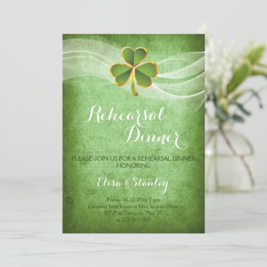 Ierse klaver & sluier bruiloft repetitie diner kaart (Staand voorkant)