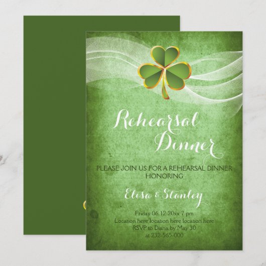 Ierse klaver & sluier bruiloft repetitie diner kaart (Voorkant / Achterkant)