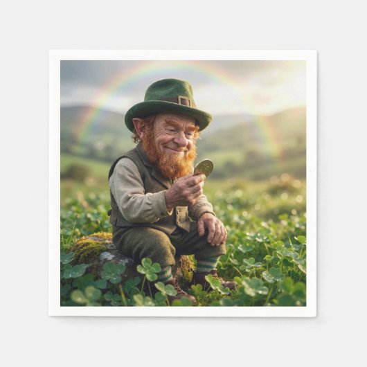 Ierse Leprechaun die een gouden munt bewondert Servet (Voorkant)