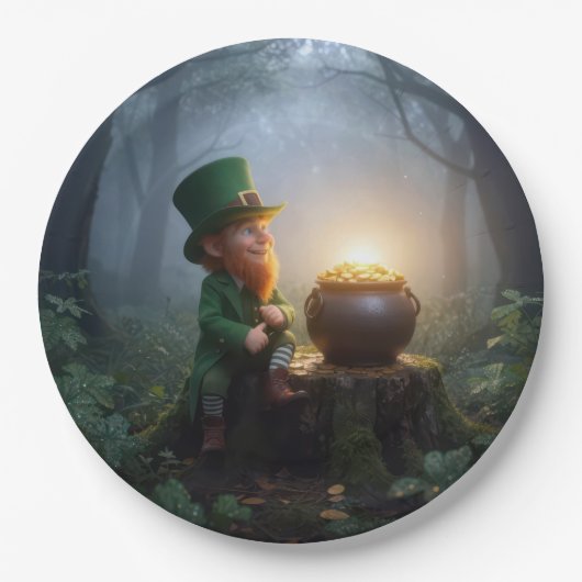 Ierse Leprechaun met een Pot met Goud Papieren Bordje (Voorkant)
