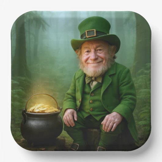 Ierse Leprechaun met een Pot met Goud Papieren Bordje (Voorkant)