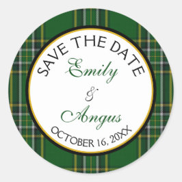 Ierse Nationale Tartan Bruiloft Save the Date Ronde Sticker