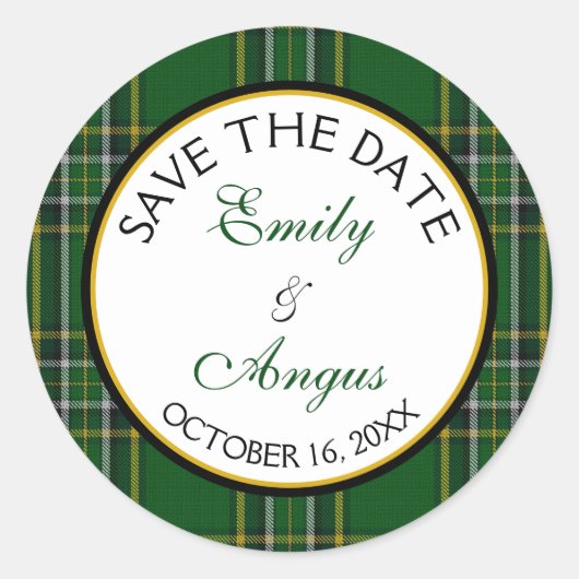 Ierse Nationale Tartan Bruiloft Save the Date Ronde Sticker (Voorkant)