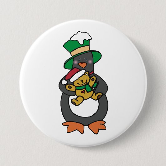 Ierse pinguïn met kerstteddybeer ronde button 7,6 cm (Voorkant)