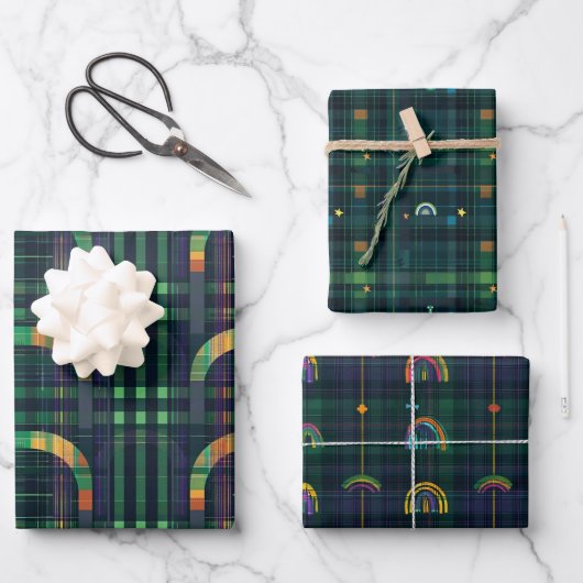 Ierse regenboog St. Patrick Tartan Plaid set 4 Inpakpapier Vel (Voorkant)