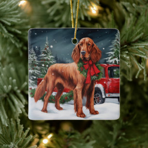 Ierse rode setter hond in sneeuw kerst keramisch ornament
