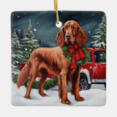 Ierse rode setter hond in sneeuw kerst keramisch ornament (Voorkant)