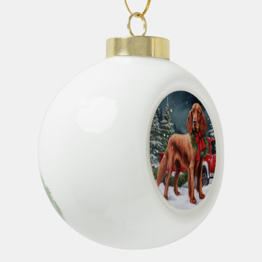 Ierse rode setter hond in sneeuw kerst keramische bal ornament (Links)