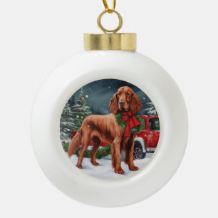 Ierse rode setter hond in sneeuw kerst keramische bal ornament