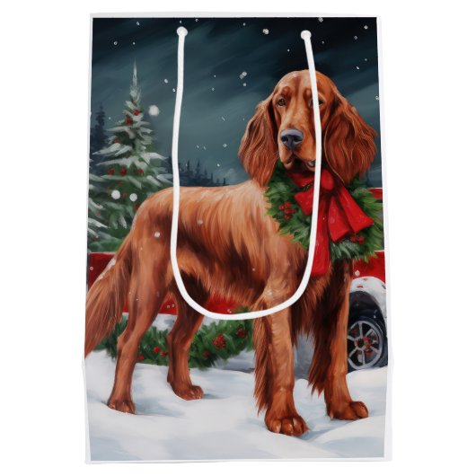Ierse rode setter hond in sneeuw kerst medium cadeauzakje (Achterkant)